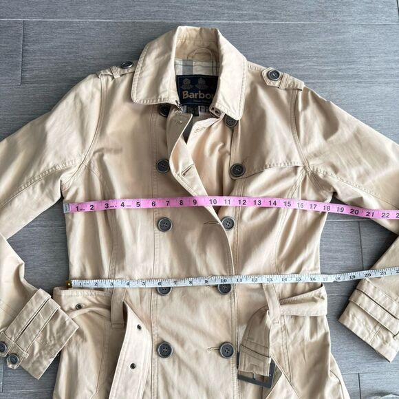 Barbour Tartan Tay Trench Coat In Beige Cream 4 Double Breasted Classic Preppy - Picture 15 of 16